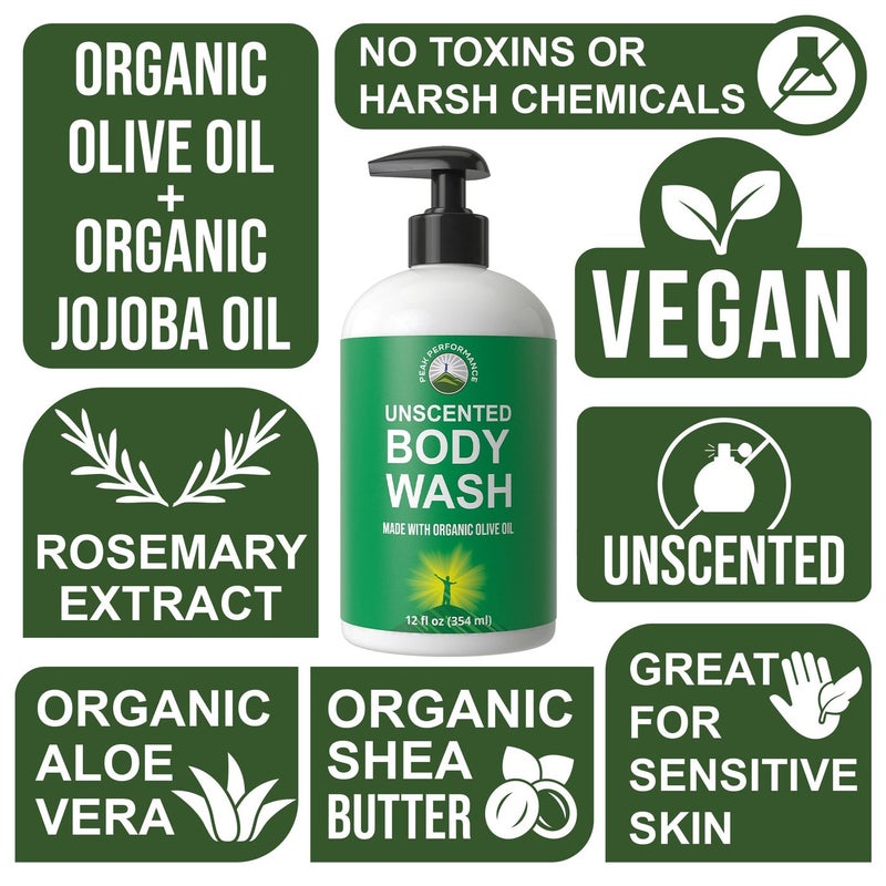 Peak Performance Ultra Pure Unscented Body Wash Made With Organic Ingredients Including Aloe Vera, Olive Oil, Jojoba, Coconut Oil, and Shea Butter. Great For Sensitive Skin. Natural Vegan Body Wash No Toxins - Image 2